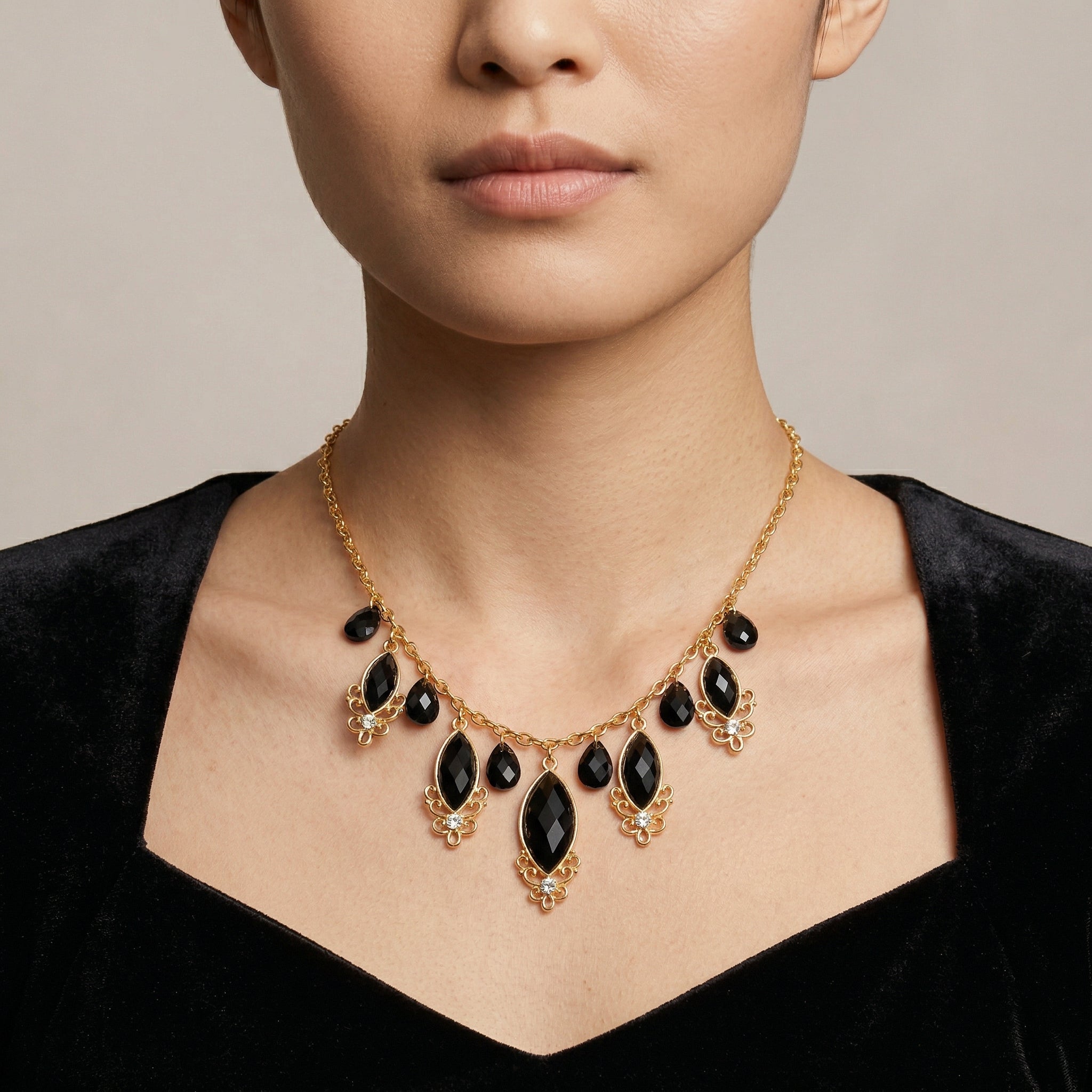 1928 Gold Tone Black Crystal Teardrop Necklace, Women's 1928 Gold Tone Black Crystal Teardrop Necklace, Women's