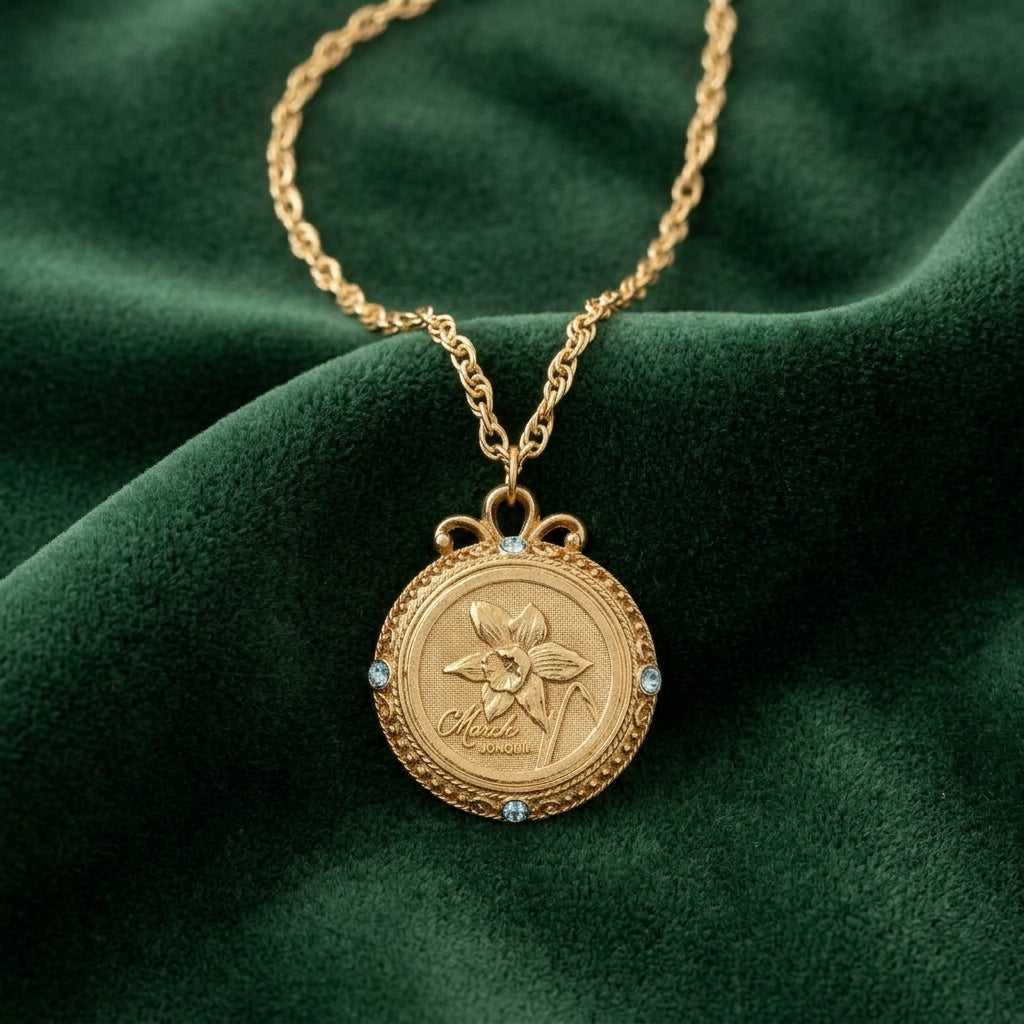 Flower of The Month Crystal Pendant Necklace with clear crystal accents on green fabric