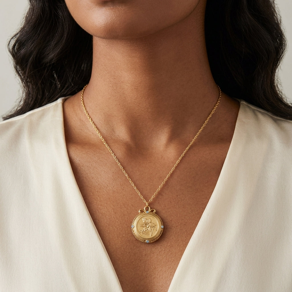 Gold tone Flower of The Month Crystal Pendant Necklace worn by a woman in a white top 