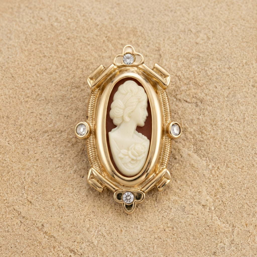 Women With Rose Carnelian Cameo Oval Pin on a beige background