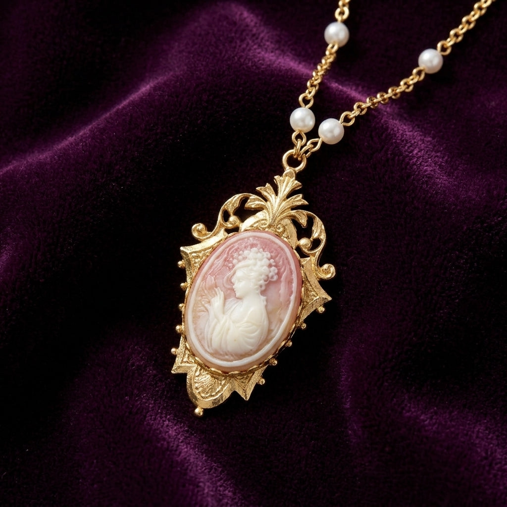 Victorian Reflections Carnelian & Ivory Cameo Faux Pearl Accent Necklace on dark purple fabric