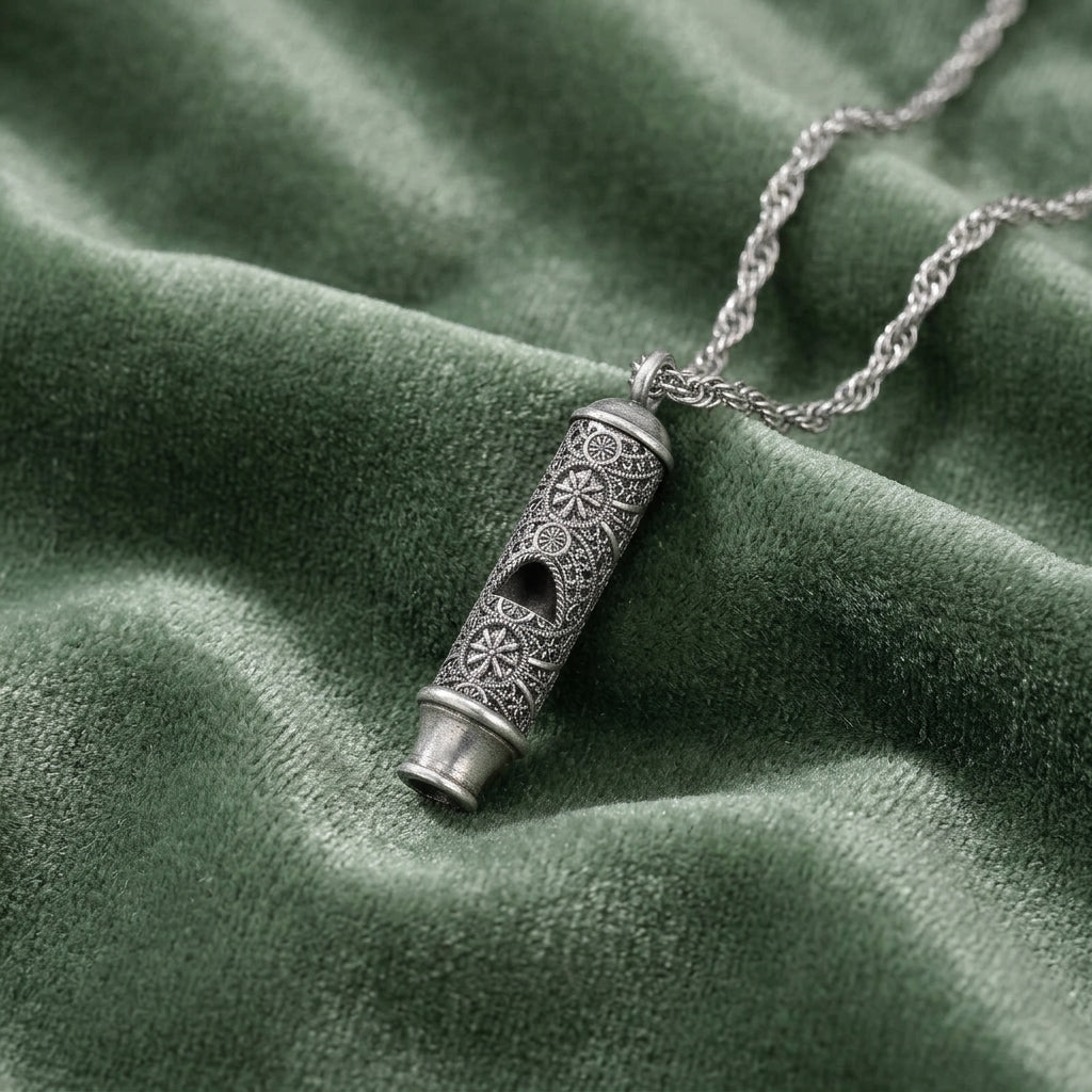 Lesser Celandine Flower Whistle Pendant Necklace on green fabric