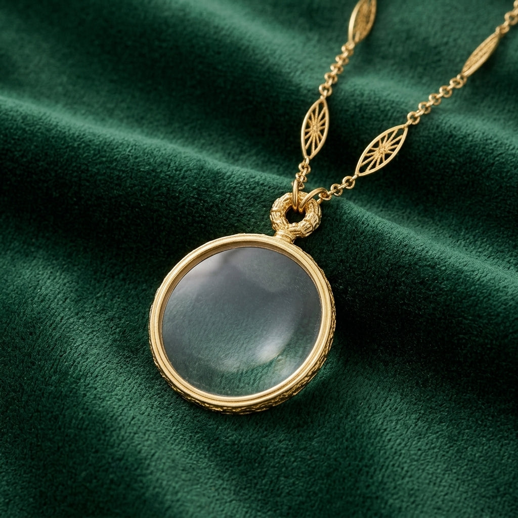 Filigree Chain Round Magnifying Glass Pendant Necklac on a green fabric background