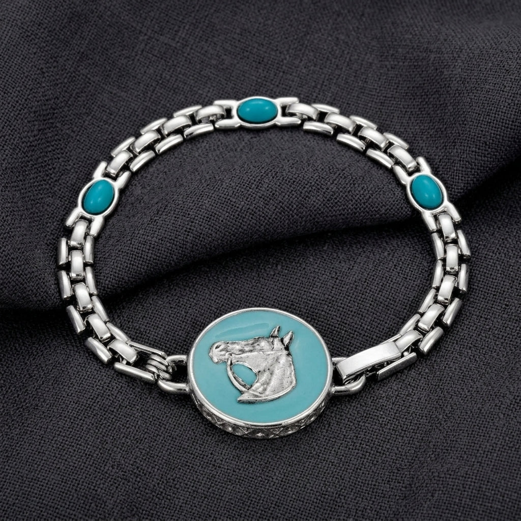 Southwest Turquoise Horse Head Brick Chain Bracelet on dark linen