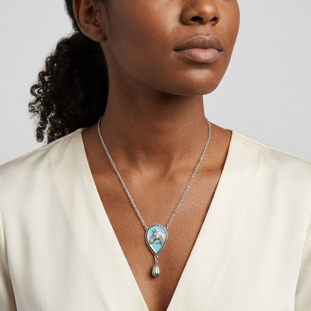Woman wearing a Southwest Turquoise Horse Head Pendant Teardrop Necklace
