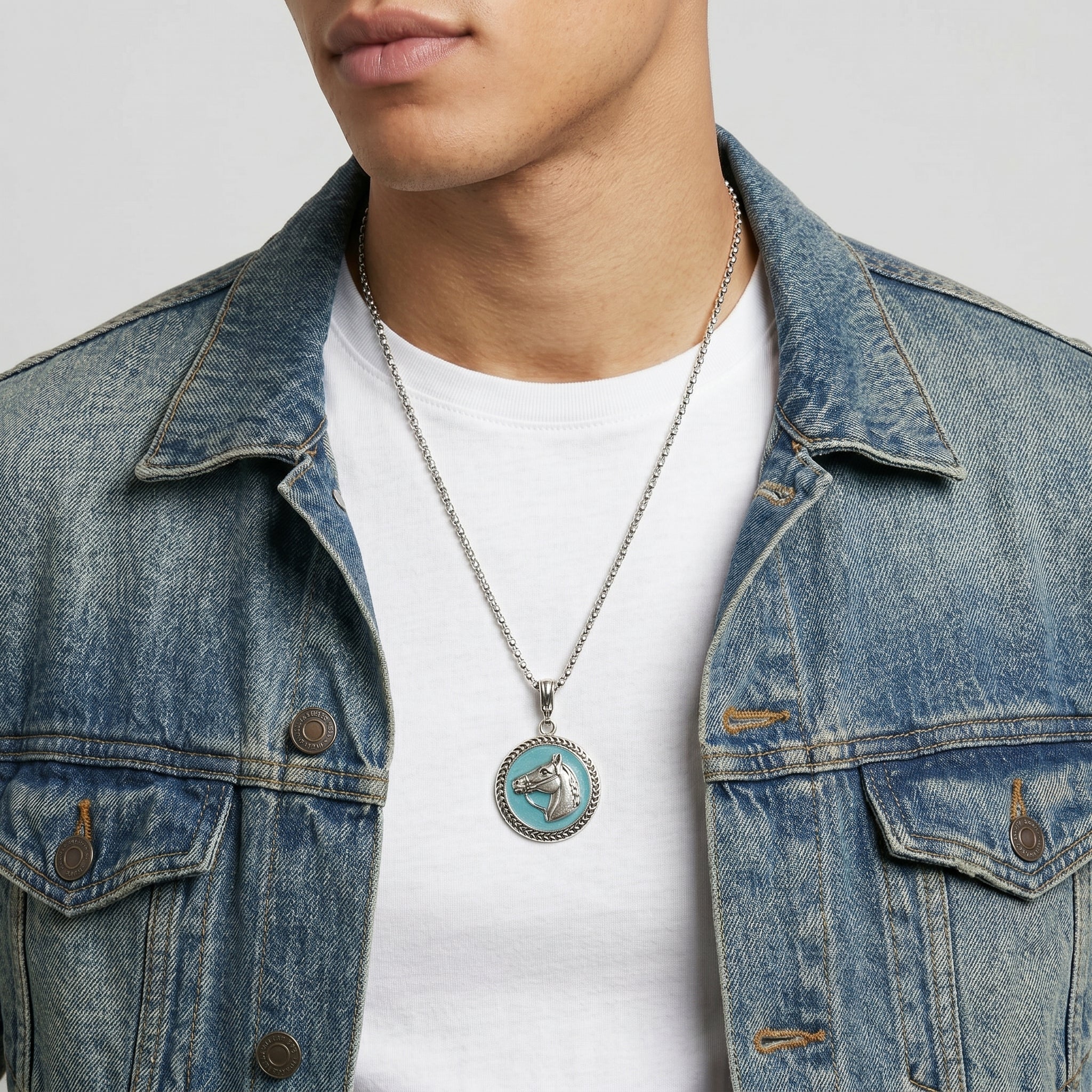 Man wearing a denim jacket and white shirt with a turquoise horse pendant necklace