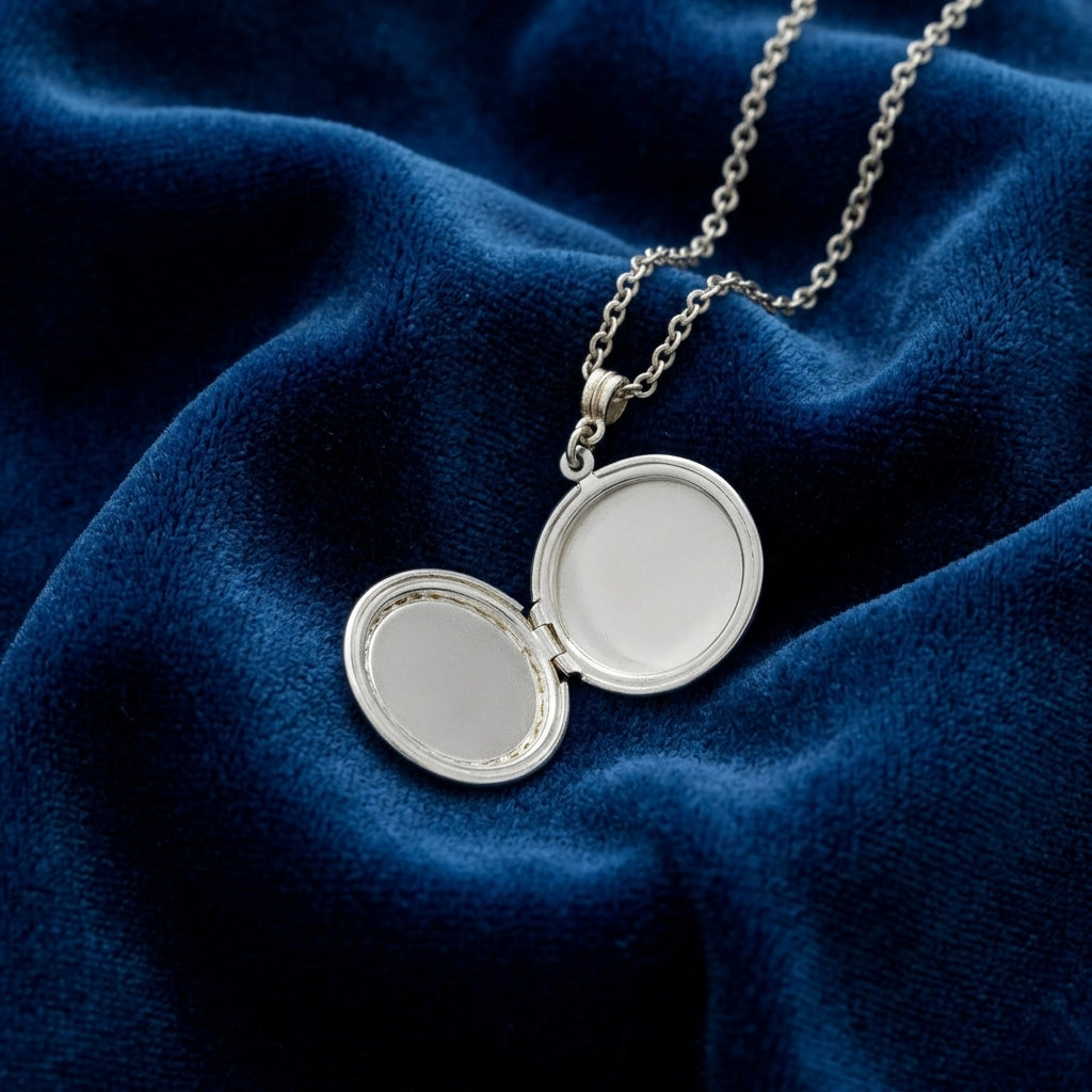 Silver locket necklace opened on a blue fabric background