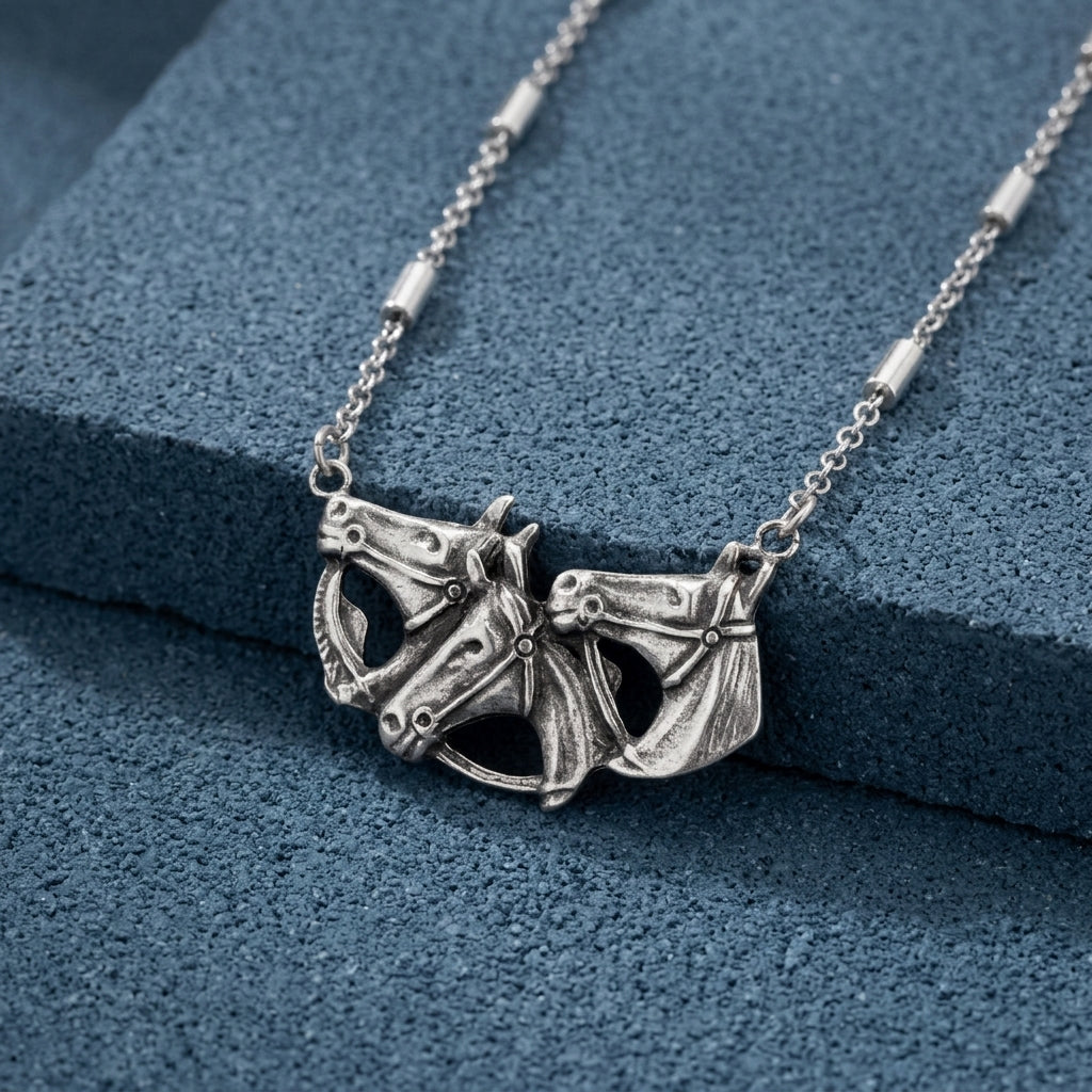 Silver Horse Herd Pendant Necklace on a textured blue background
