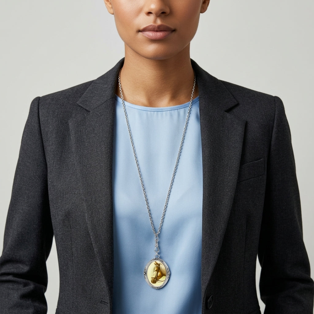 Woman in a blazer and light blue shirt wearing our Rayo Caballo Oval Stone Swivel Pendant Necklace