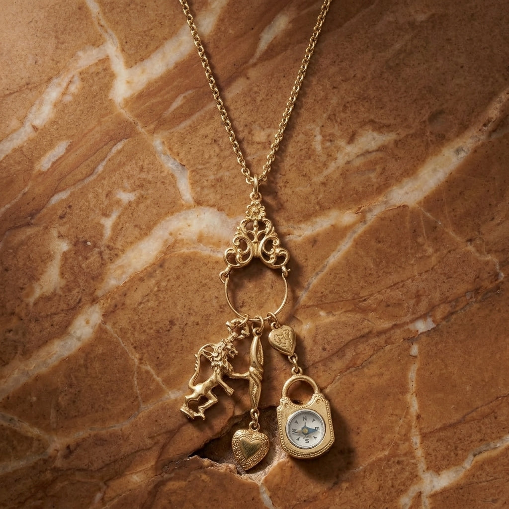 Charm Pendant Necklace Compass Heart Lion on a brown marble surface