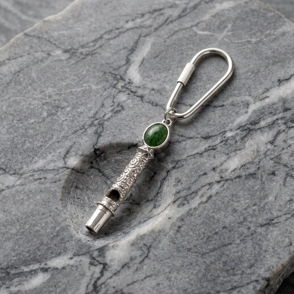 Jade Gemstone Filigree Whistle Carabiner Key Chain on a marble surface