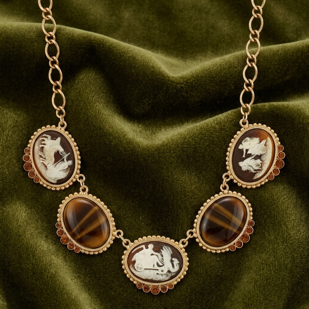 Roman Chariots Gala Cameo & Tigers Eye Stones Necklace on dark green fabric
