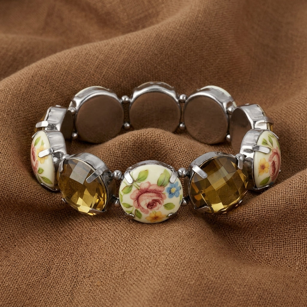 Olivine & Multicolored Floral Stone Stretch Bracelet on a brown fabric background