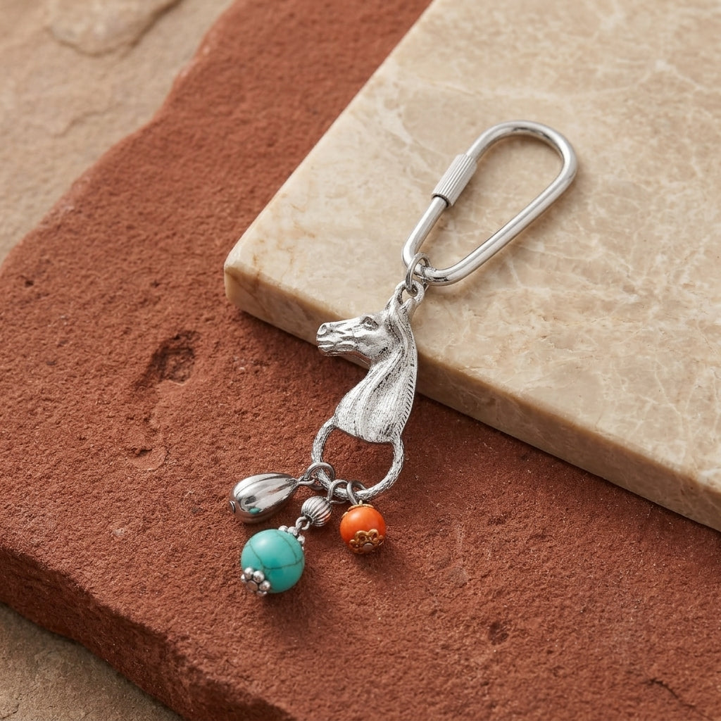 Horse Multi Bead Carabiner Key Chain on stone surface