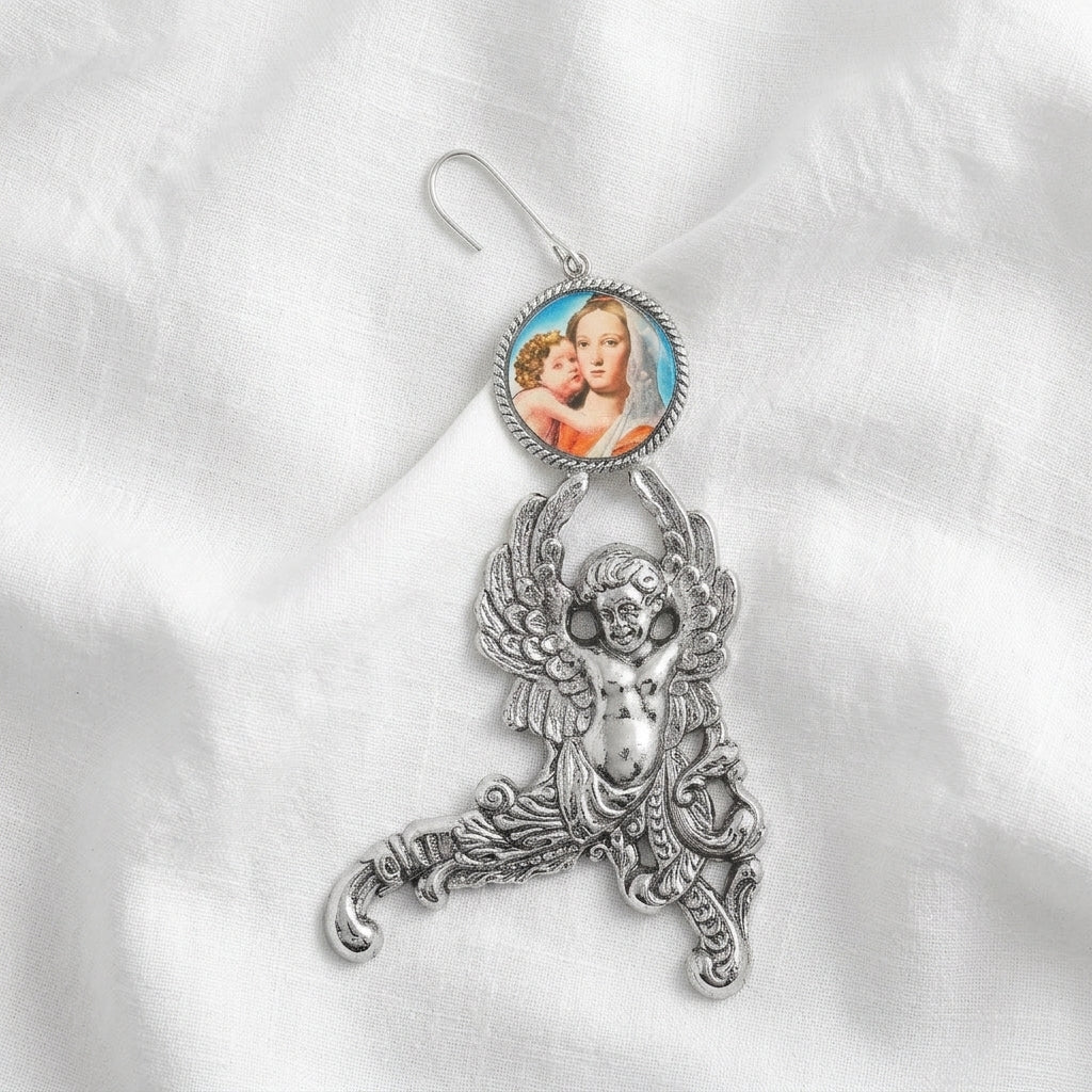 Angel With Madonna and Child Decal Christmas Tree Ornament on bright white fabric