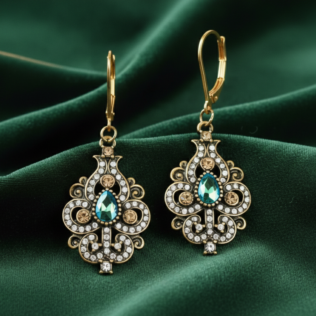 Ornate earrings with teal gemstones on a green fabric background