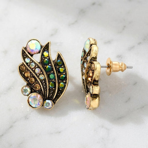 Peacock Plumage Art Nouveau Style Multi AB Glass Stone Post Earrings on white marble