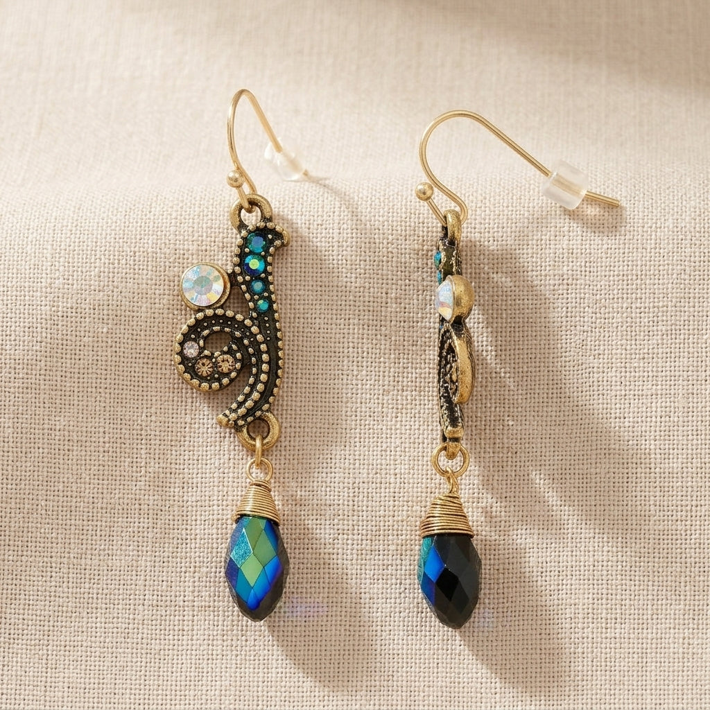 Peacock Plumage Blue Iridescent AB Glass Drop Bead Fish Hook Earrings on a beige fabric background