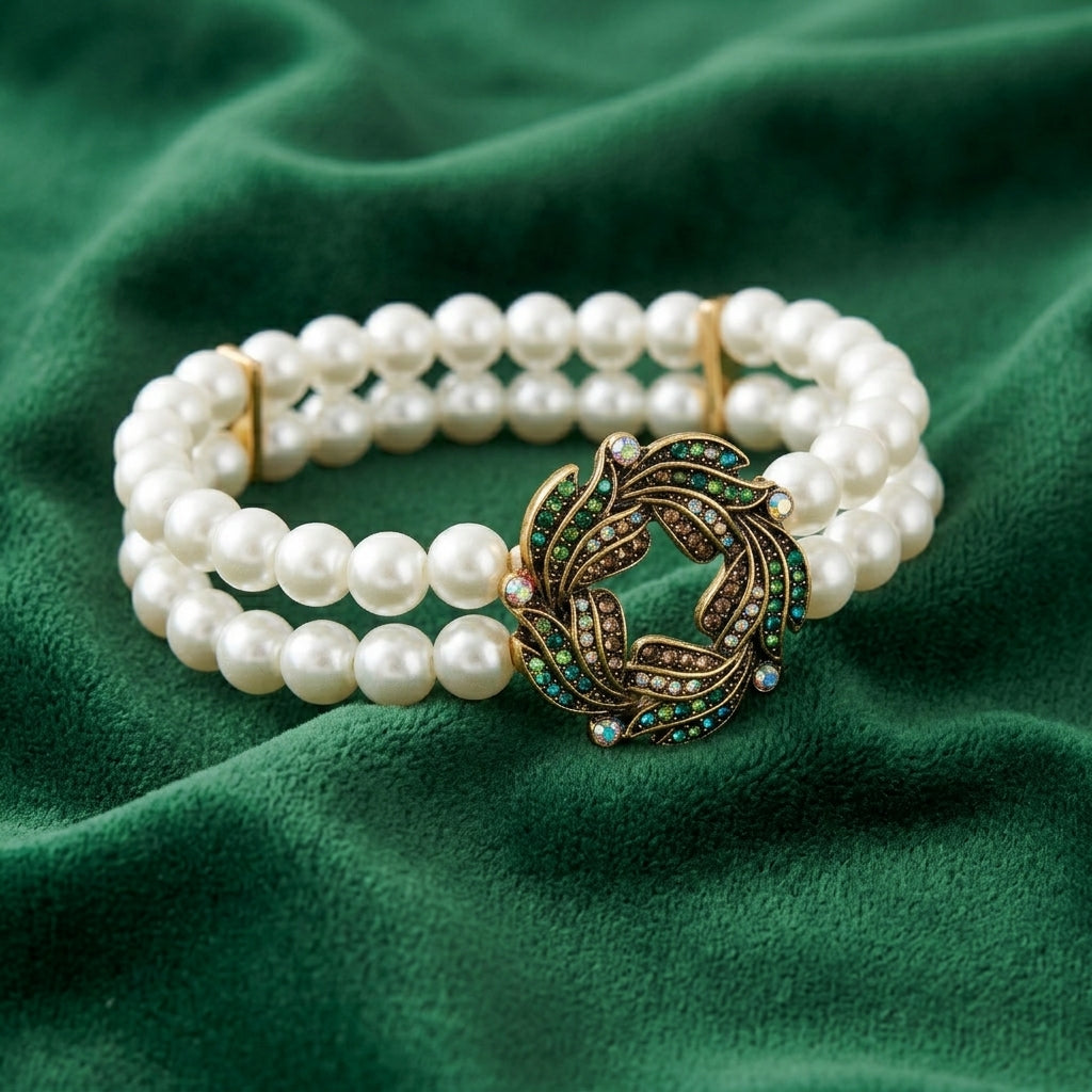 Peacock Plumage Blue Iridescent AB White Faux Pearl Wreath Bracelet on green fabric 