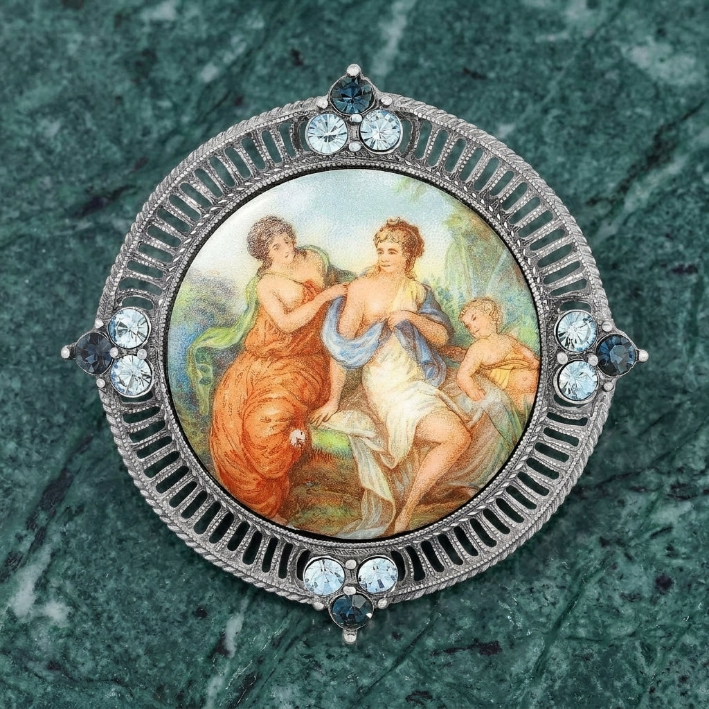 Pre-Raphaelite Inspired European Crystal Pin on a green marble background