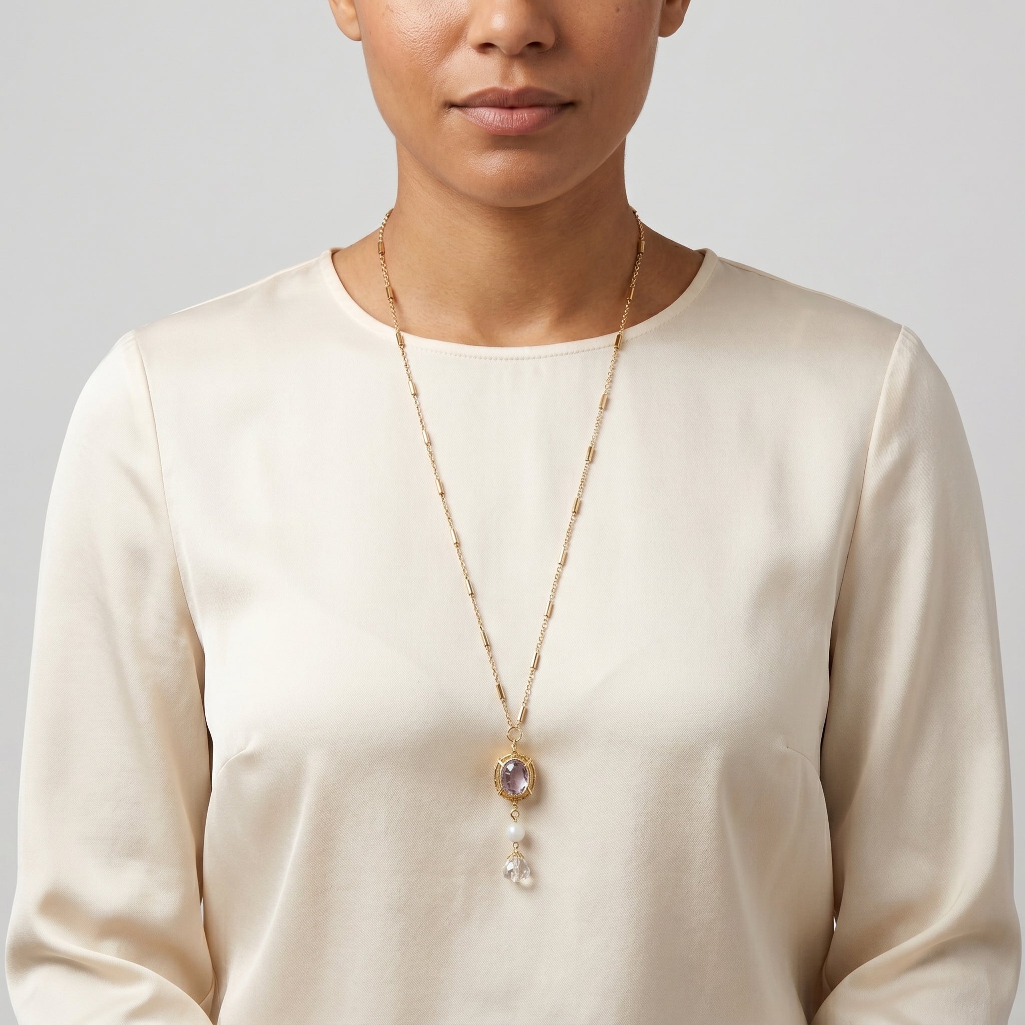 Woman wearing a White Crystal Opal Stone 3 Sided Spinner Drop Necklace