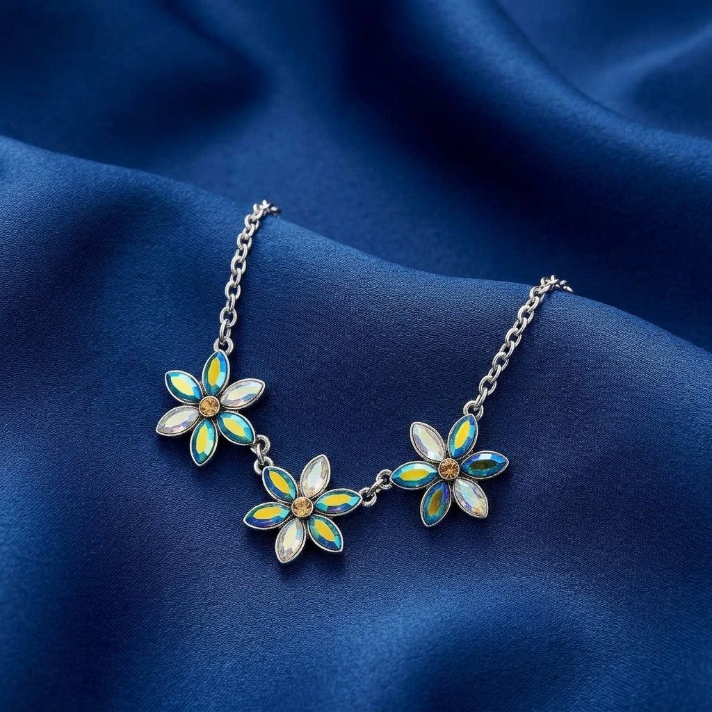 Peacock Plumage Blue Iridescent AB Glass Flower Necklace 16
