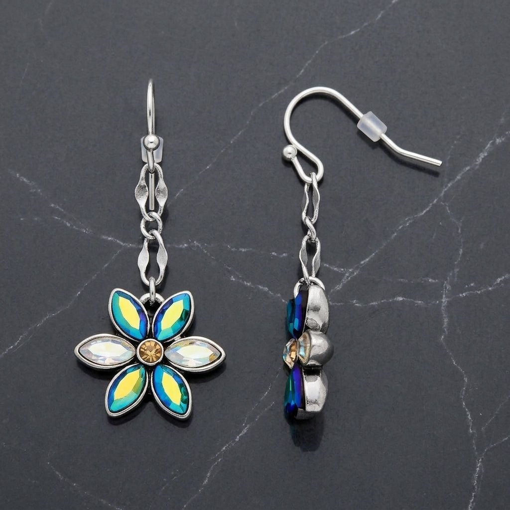 Peacock Plumage Blue Iridescent AB Glass Flower Dangle Earrings on a dark gray background