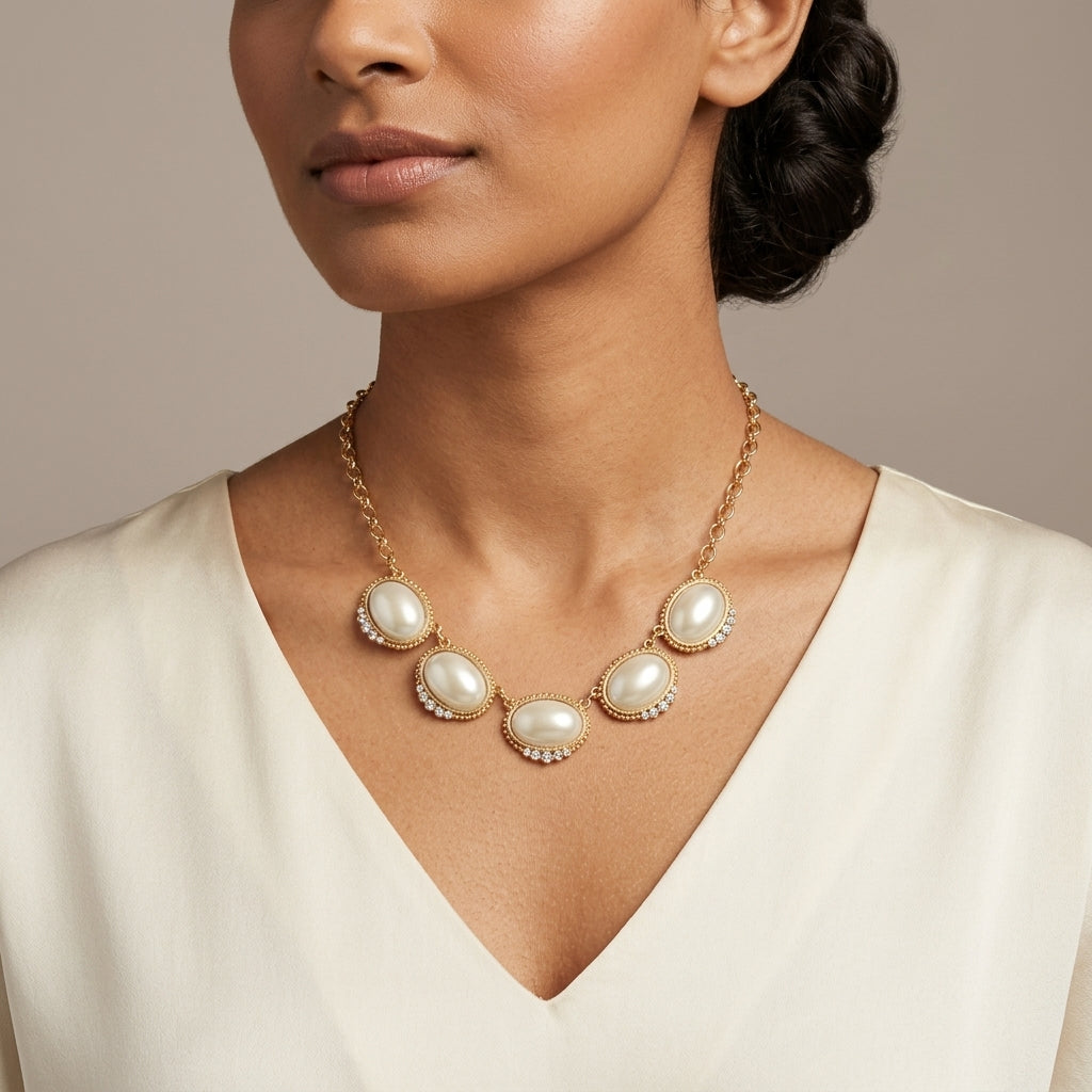 Woman wearing a white dress and our Kaia White Faux Pearl Crystal Drop Necklace