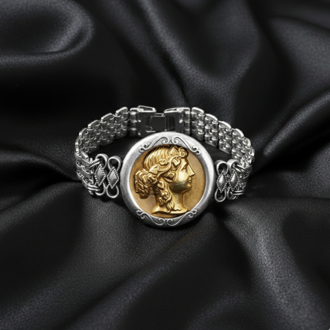 Silver bracelet with a gold coin featuring a Grecian woman cameo on black satin fabric
