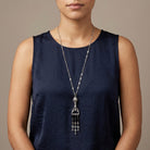Woman wearing a Multi Black Crystal Chandelier Ornamental Pendant