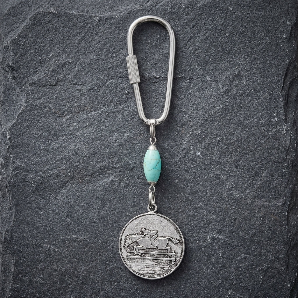 Turquoise Gemstone  Bead Horseback Rider Carabiner Key Chain on dark stone surface