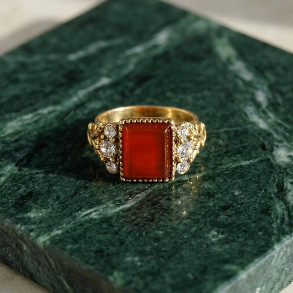 Carnelian Gemstone Crystal Accent Ring on a green marble surface