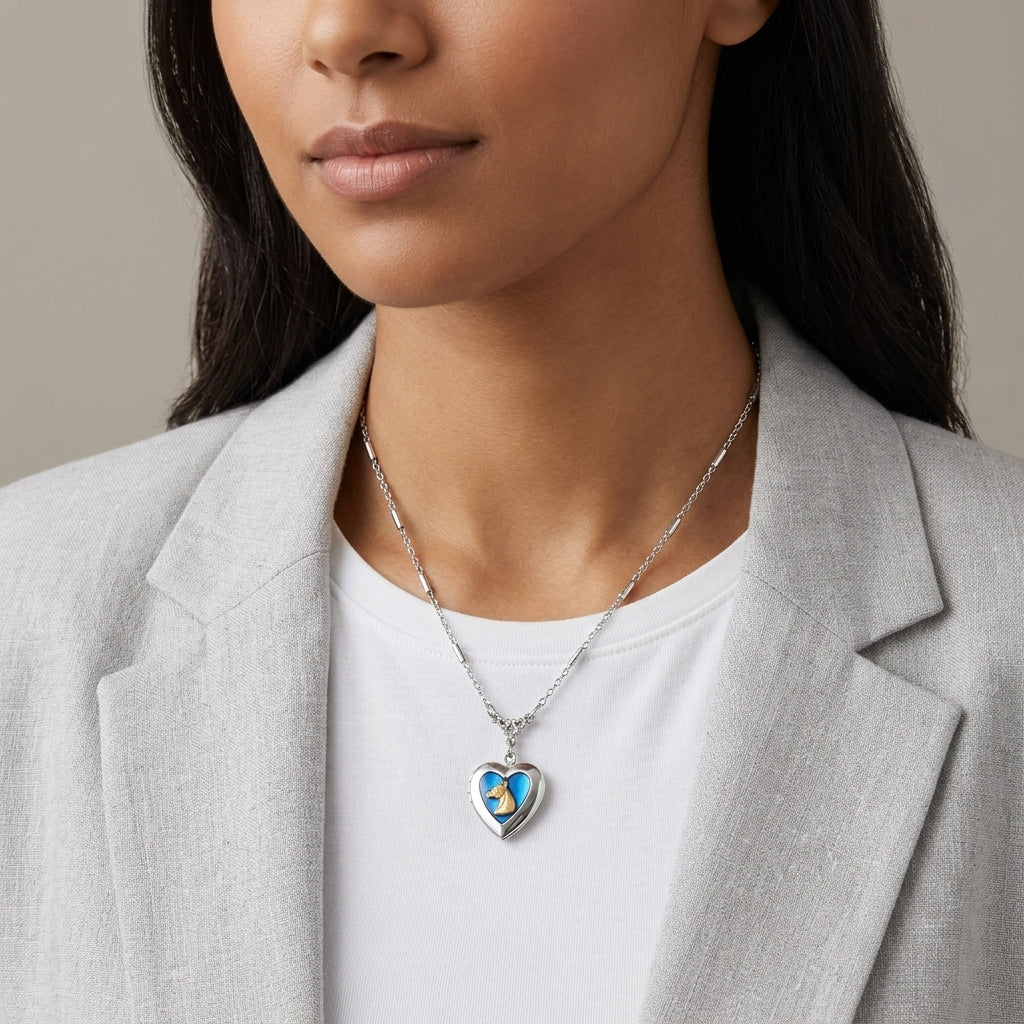 Woman wearing a Sapphire Blue Horse Heart Locket Necklace