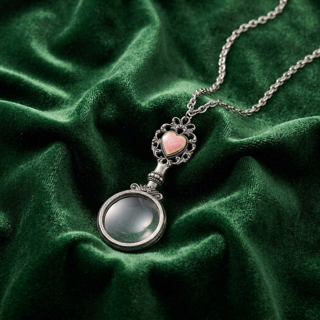 Pink Heart Magnifying Glass Necklace resting on dark green fabric