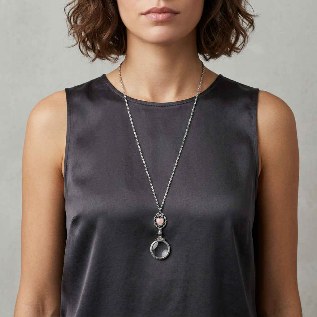 Woman wearing a Pink Heart Magnifying Glass Necklace