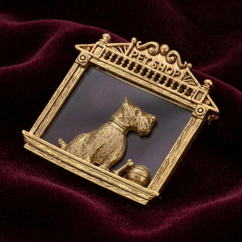 Gold tone Doggie In The Window Pin brooch on dark red fabric