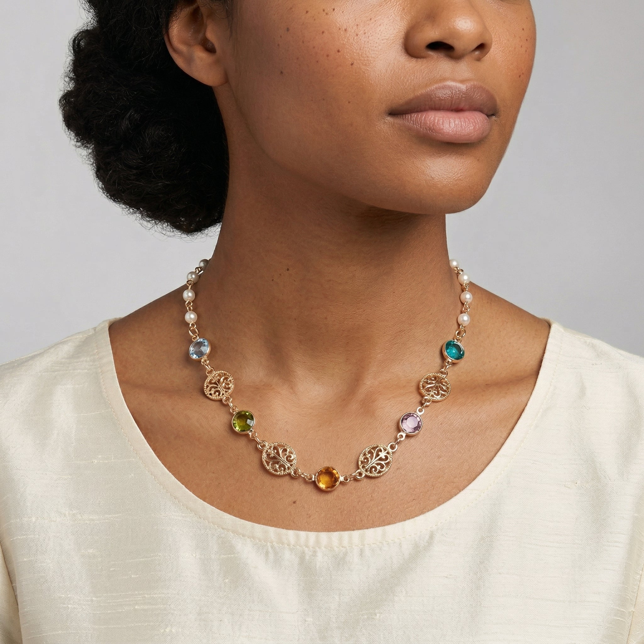 Woman in a white top wearing a Multicolor Euro Channel Crystal Faux Pearl Necklace