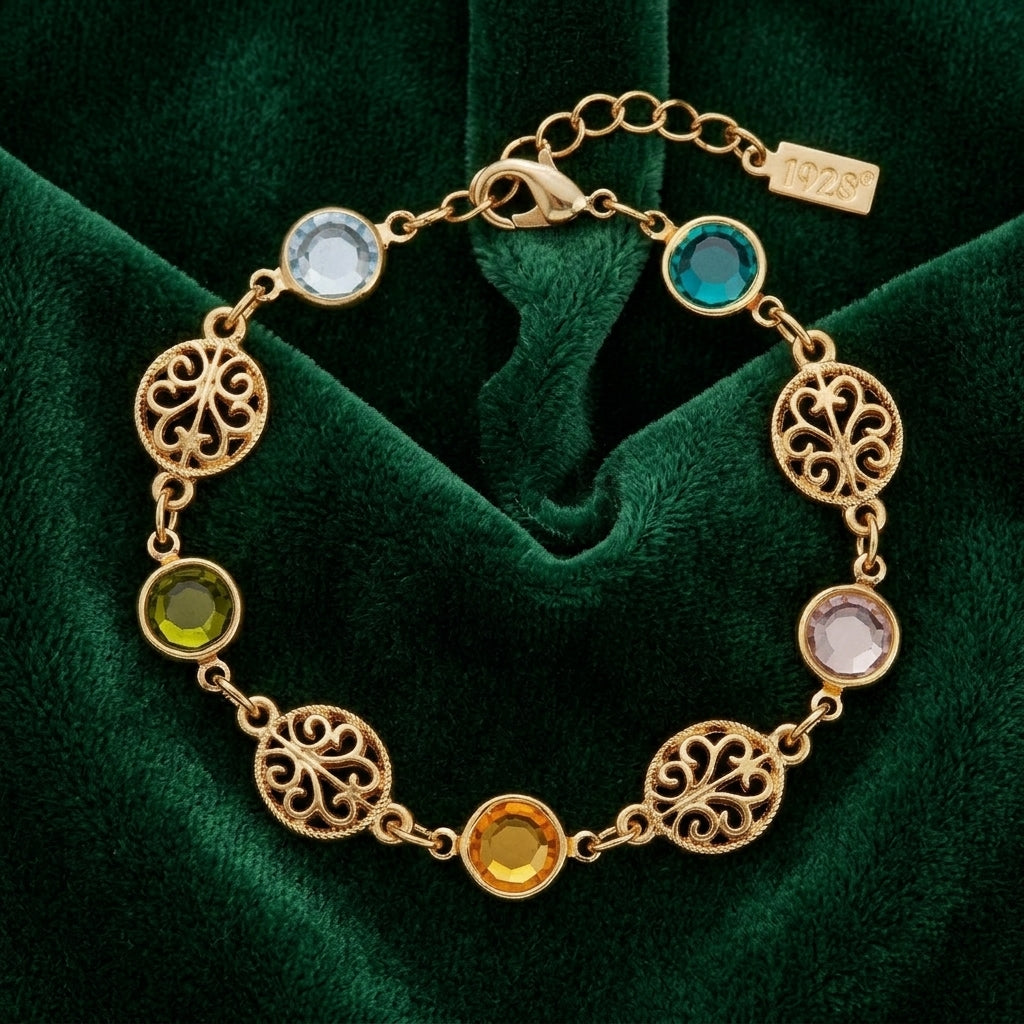 Multicolor Euro Channel Crystal & Filigree Bracelet resting on dark green fabric