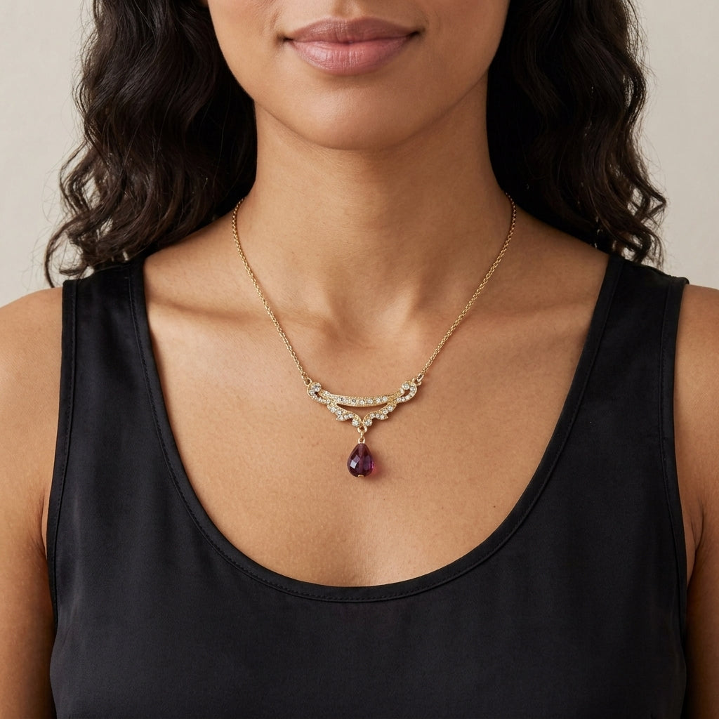 Woman wearing a Cheshire Crystal Teardrop Collar Pendant Necklace
