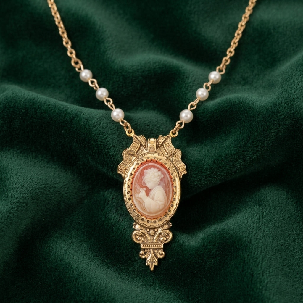 Victorian Reflections Carnelian & Ivory Cameo Faux Pearl Accent Necklace resting on green fabric surface