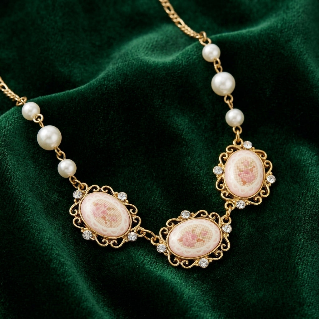 1928 Jewelry Stitch Pattern Triple Pink Porcelain Rose Faux Pearl