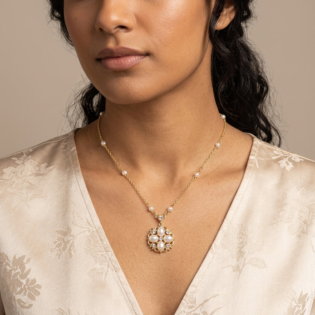 Woman in a white floral top wears our La Belle Faux Pearl & Crystal Pendant Necklace
