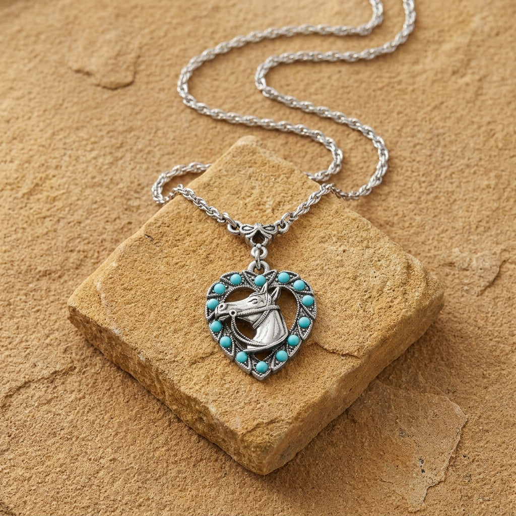 Heart Horse Head Turquoise Crystal Pendant Necklace on a stone surface.