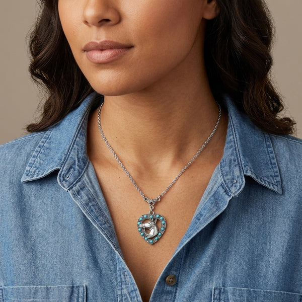 Heart Horse Head Turquoise Crystal Pendant Necklace 16"