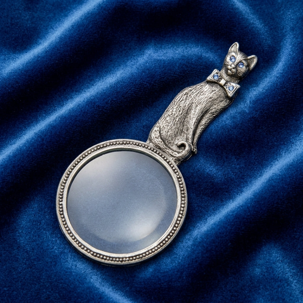 Light Sapphire Blue Crystal Cat Handheld Magnifying Glass on blue fabric