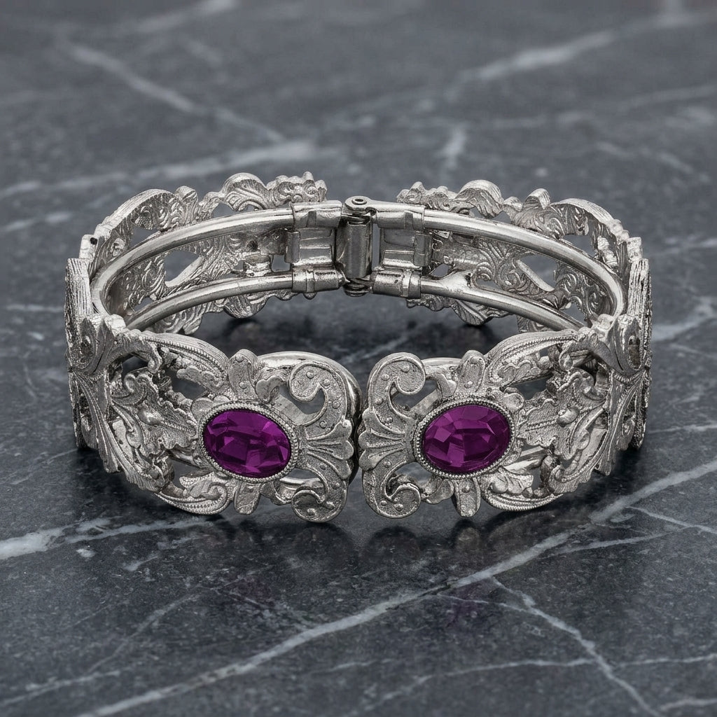 Vienna European Crystal Hinge Cuff Bracelet with amethyst crystal resting on gray marble surface