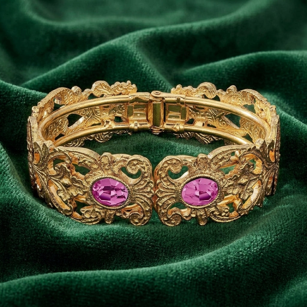 Gold tone Vienna Rose Pink European Crystal Hinge Cuff Bracelet resting on dark green fabric