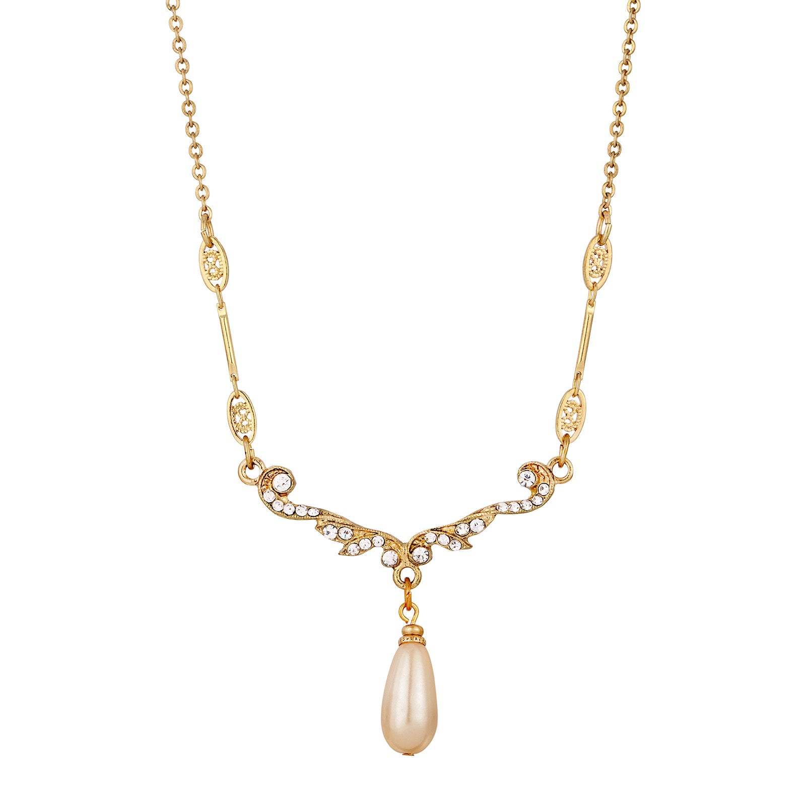 Edwardian Teardrop Faux Pearl Crystal Necklace 16" + 3" Extender