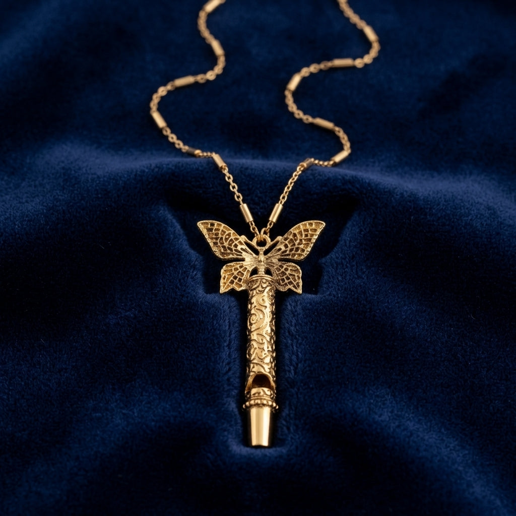 Gold Filigree Whistle Butterfly Pendant Necklace resting on dark blue fabric