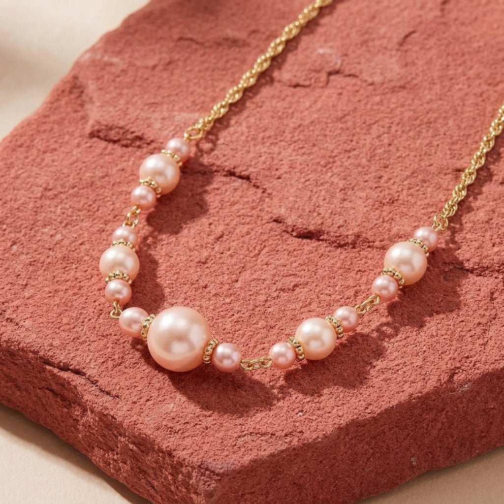 Rosabella Raspberry & Champagne Faux Pearl Necklace on a textured pink surface